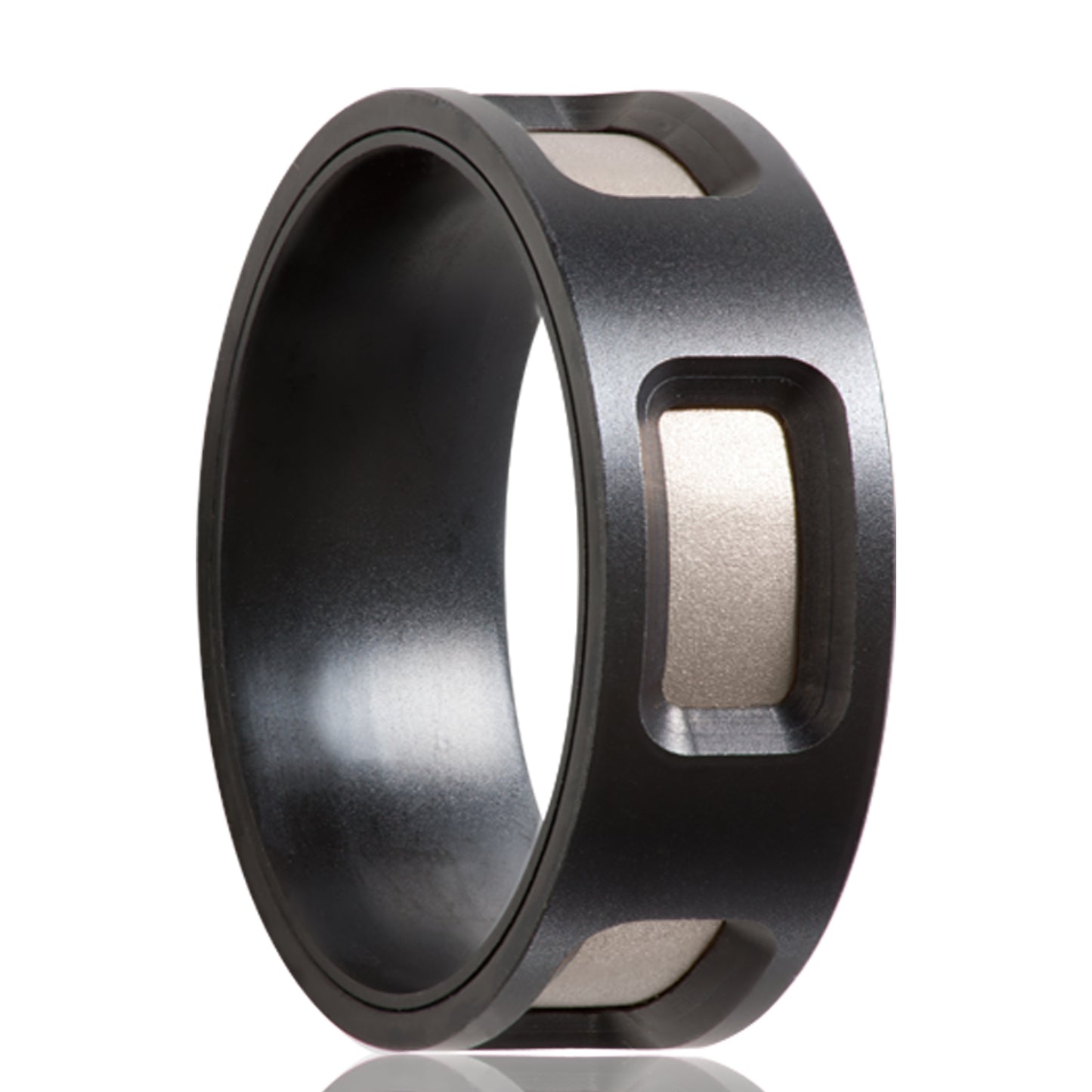 A zirconium men's wedding band with argentium silver inlays displayed on a neutral white background.