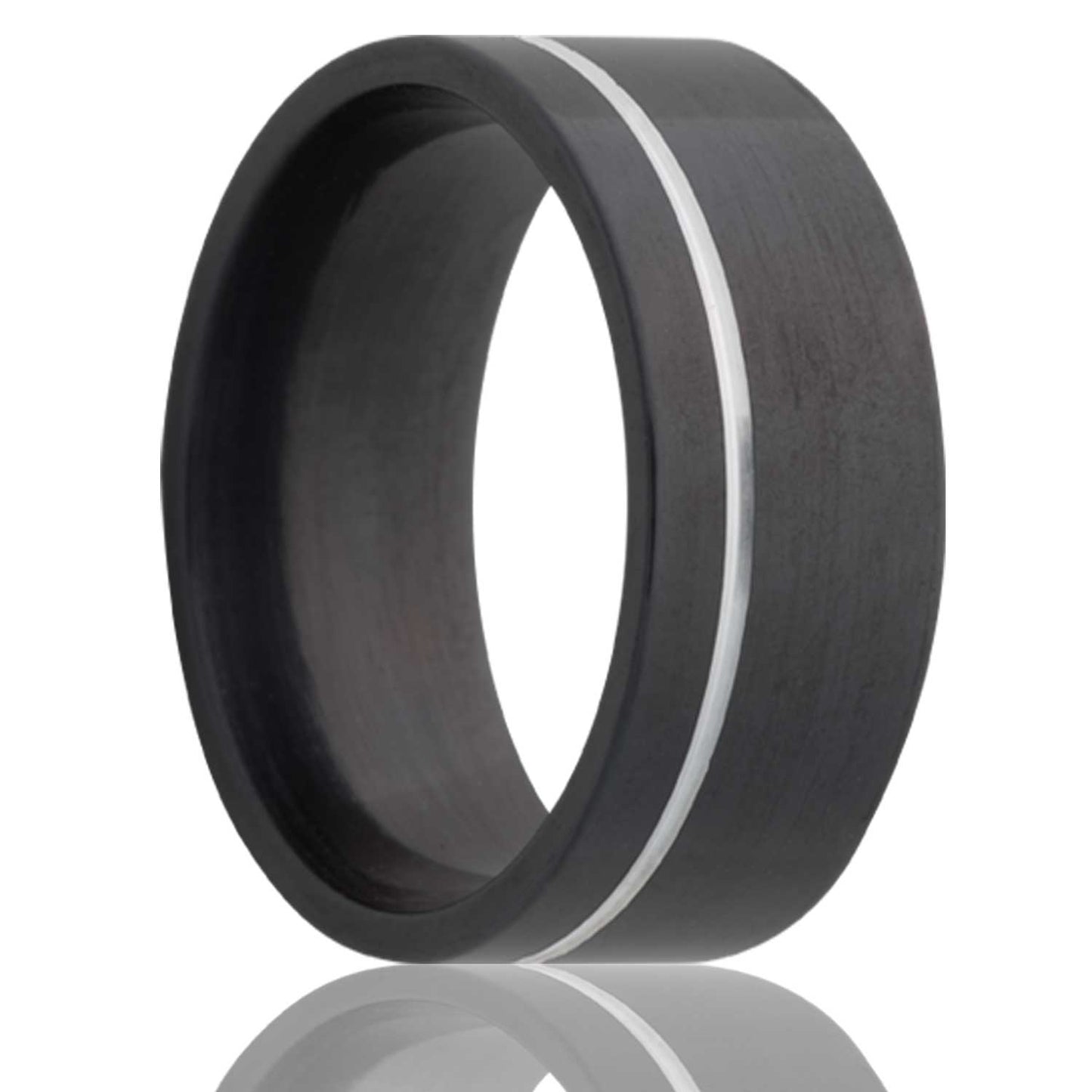 A asymmetrical grooved zirconium wedding band displayed on a neutral white background.