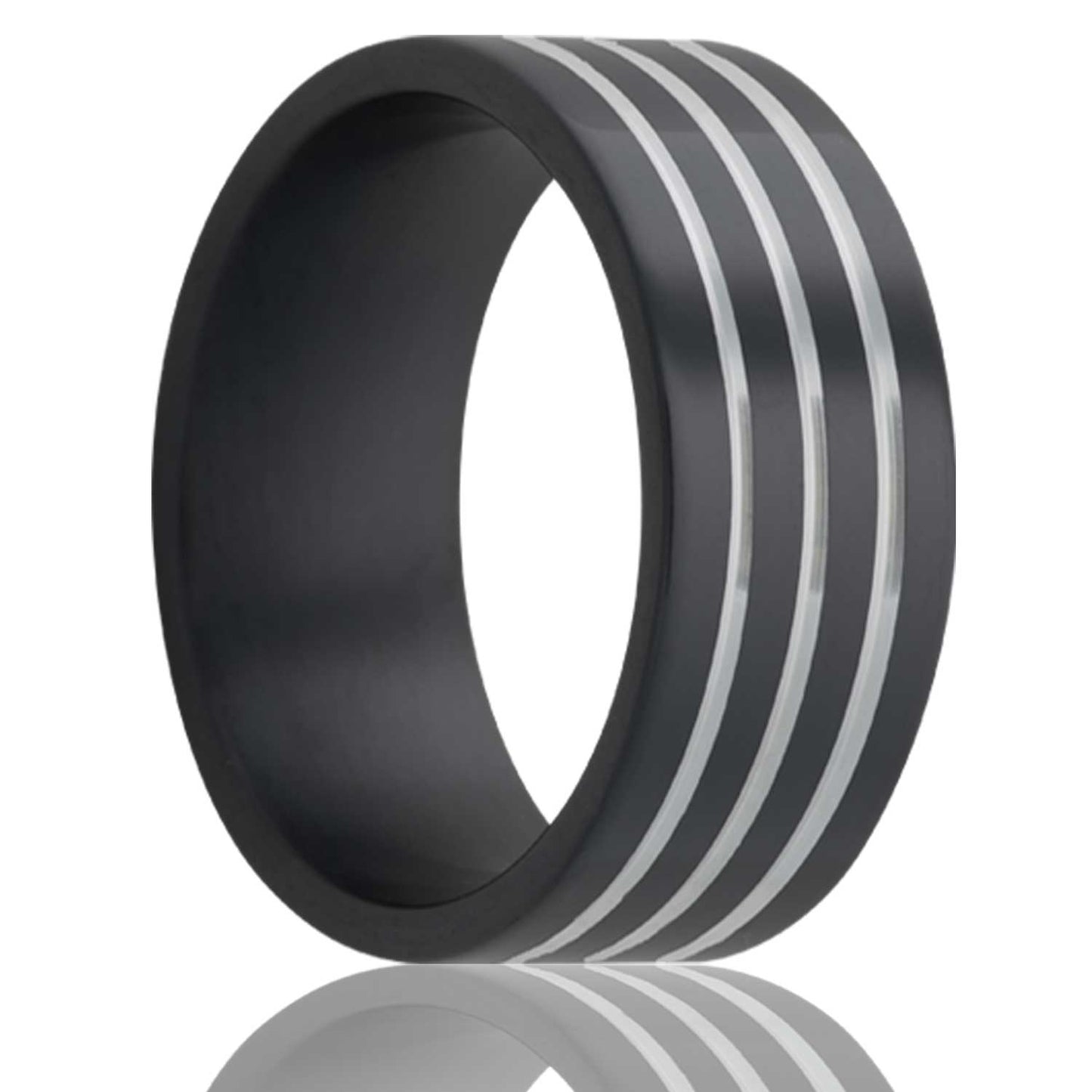 A triple grooved zirconium wedding band displayed on a neutral white background.