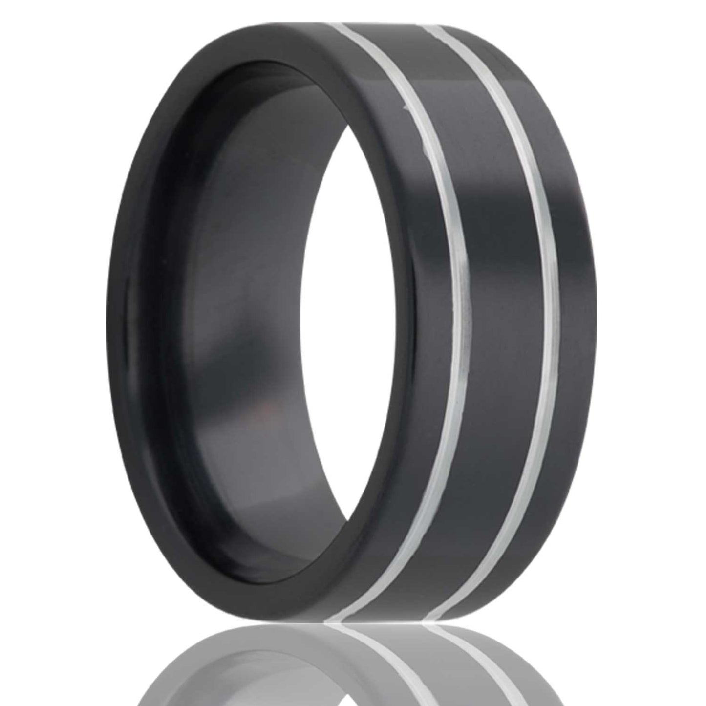 A grooved zirconium wedding band with dual grooves displayed on a neutral white background.