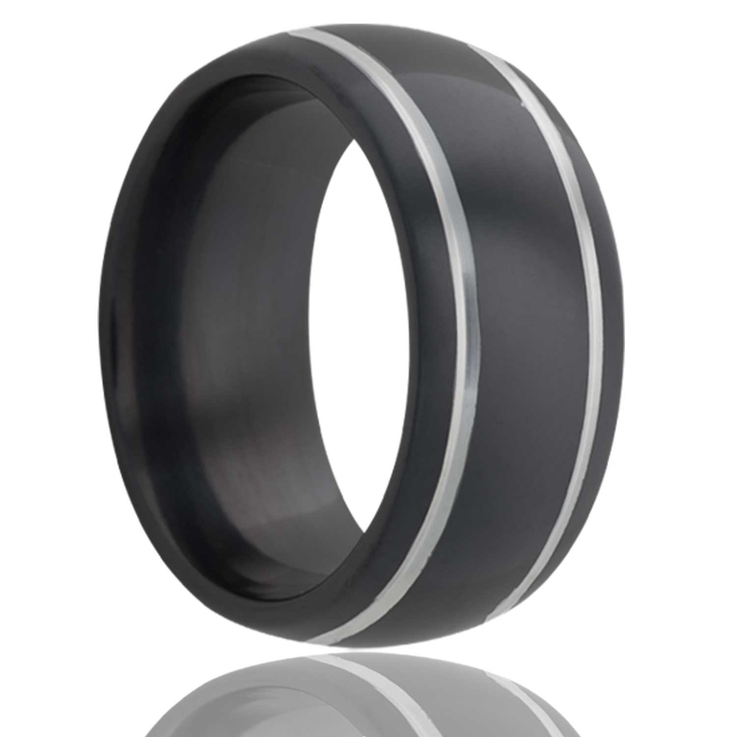 A domed zirconium wedding band with grooved edges displayed on a neutral white background.