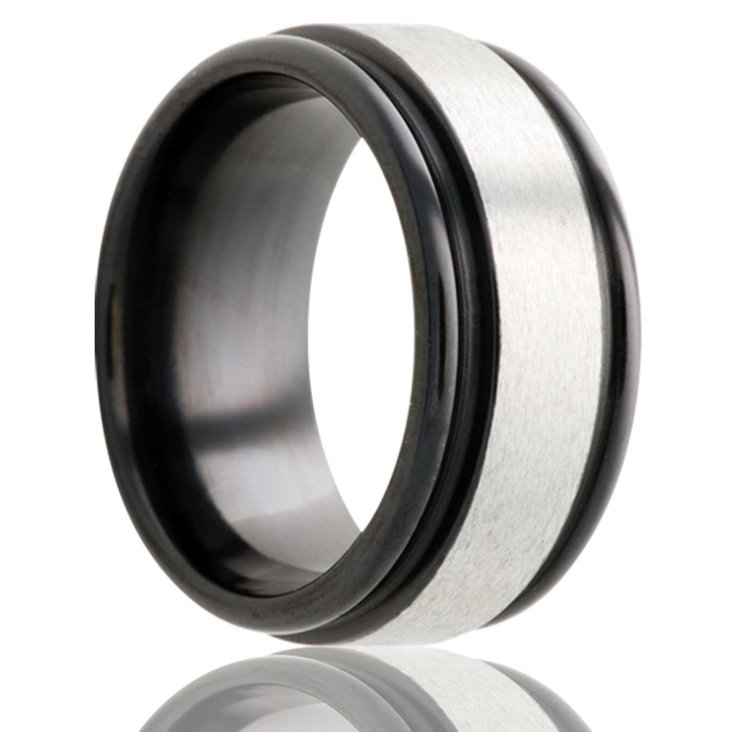 A satin finish grooved zirconium wedding band displayed on a neutral white background.