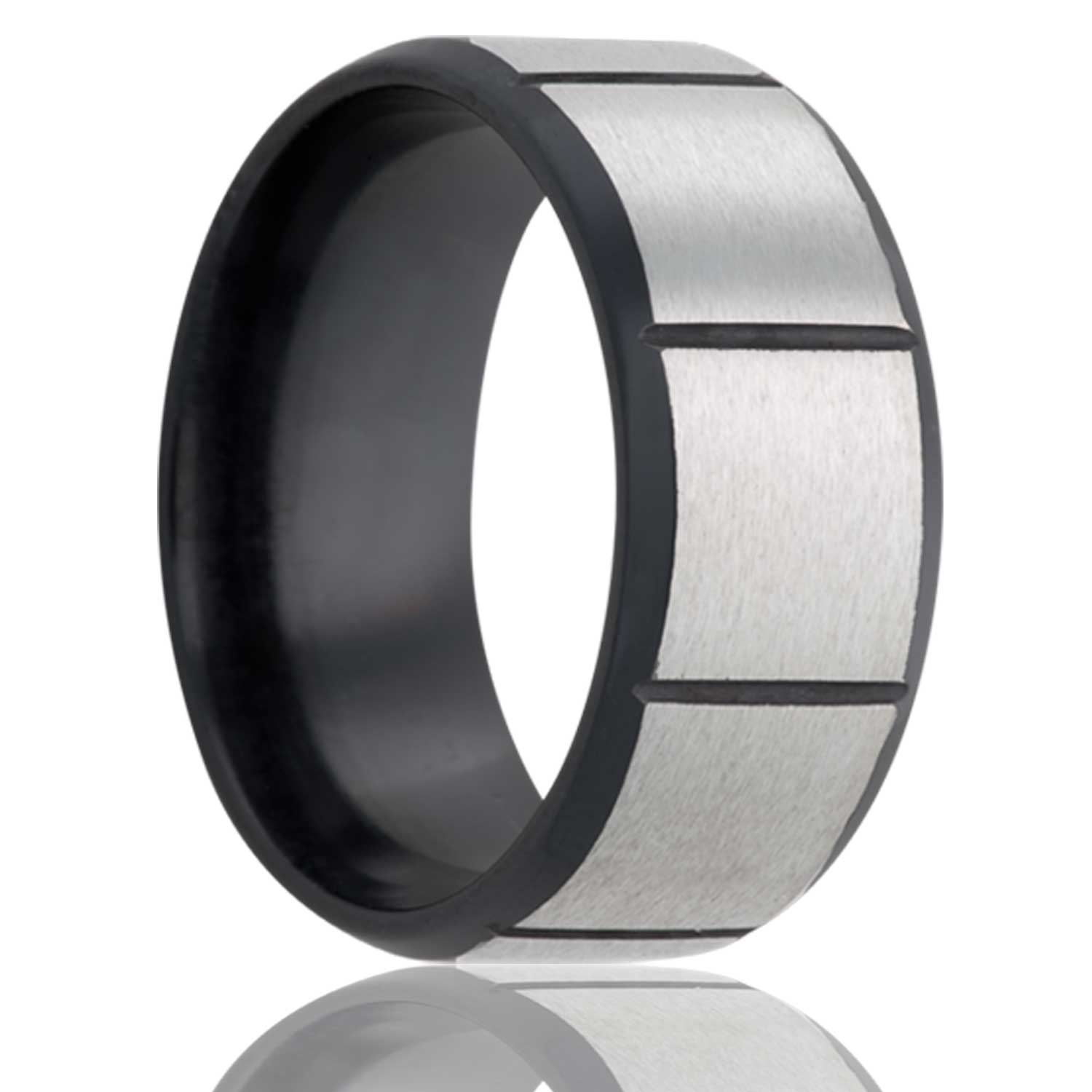A zirconium wedding band with vertical grooves displayed on a neutral white background.