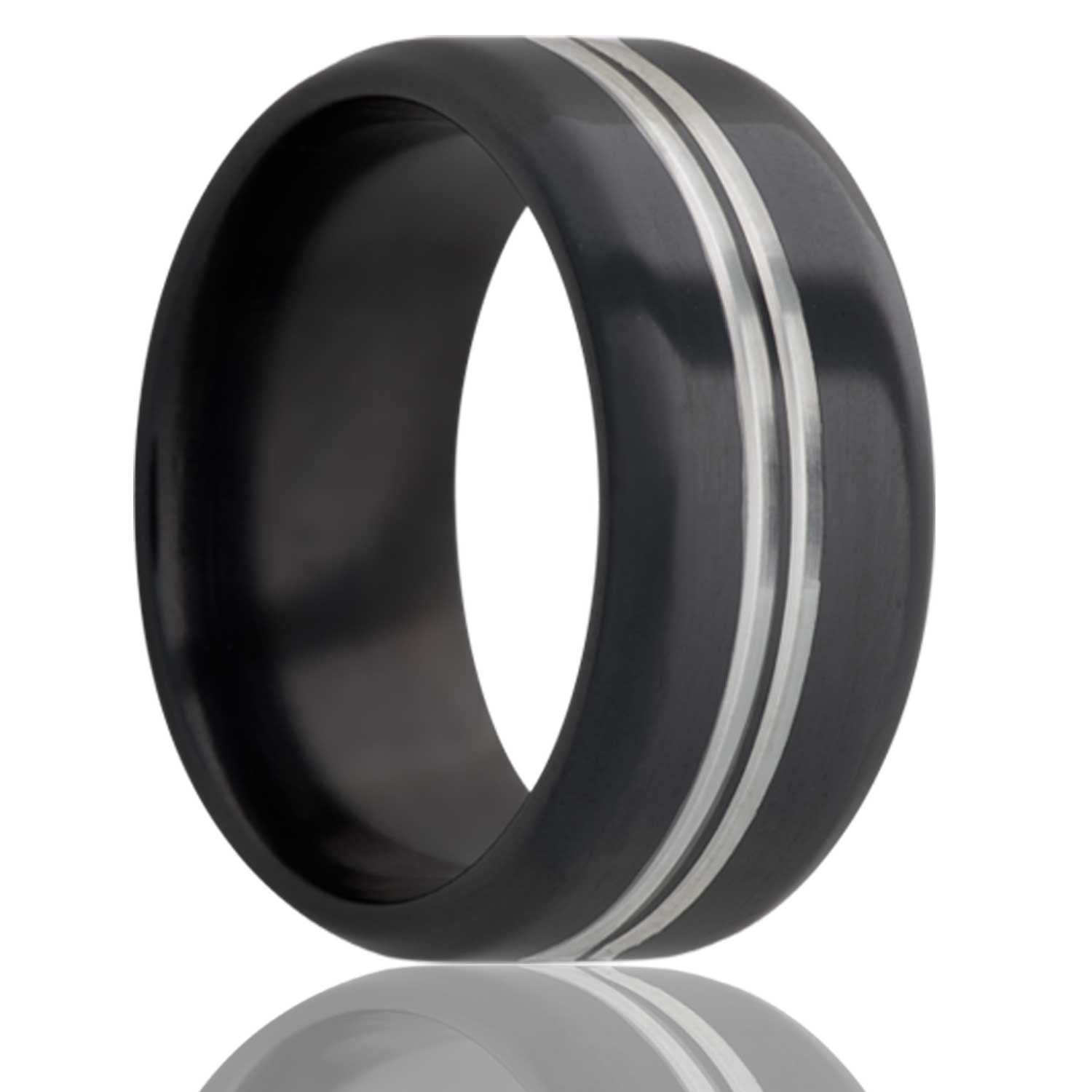 A dual polished center grooves zirconium wedding band with beveled edges displayed on a neutral white background.