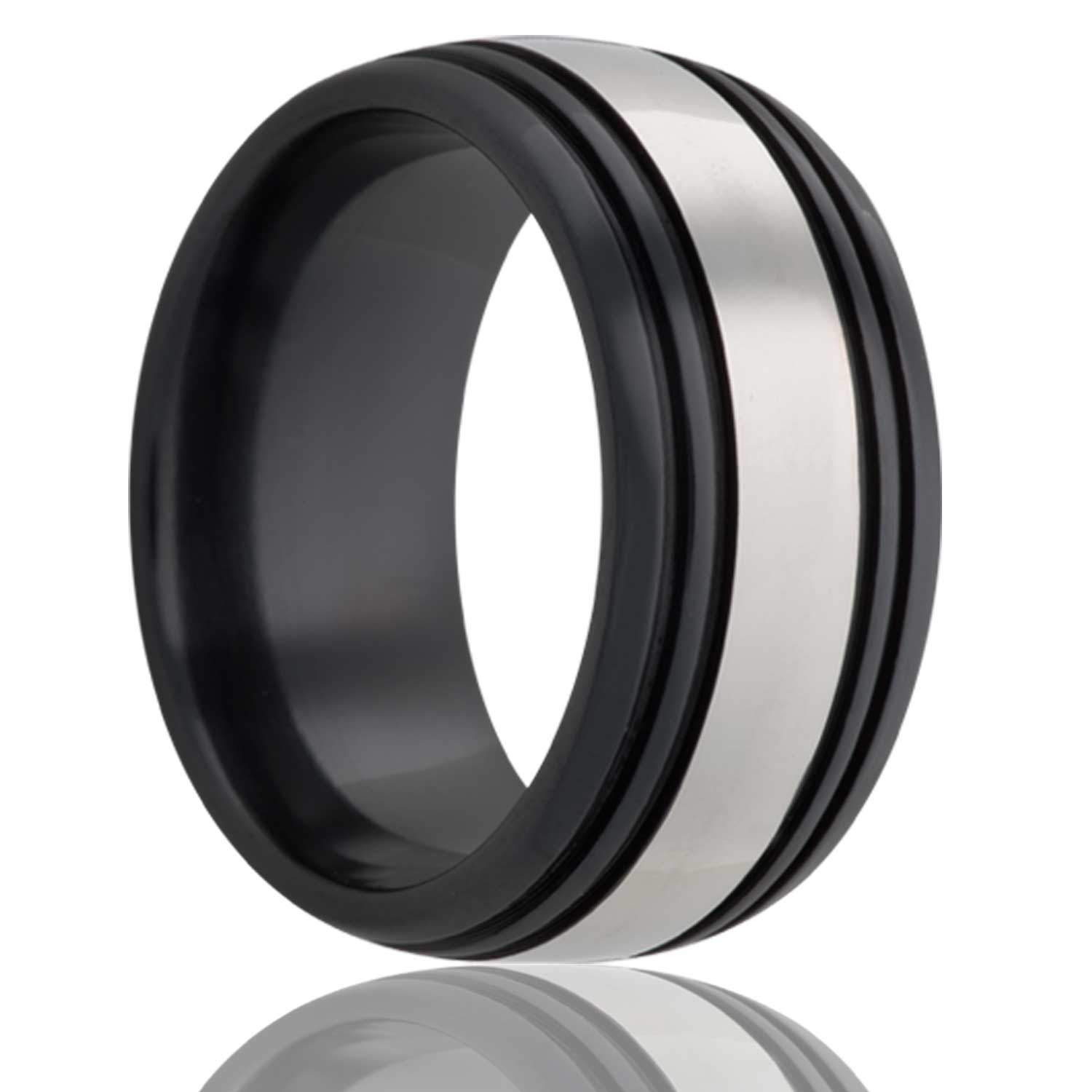 A domed zirconium wedding band with quadruple grooves & polished center stripe displayed on a neutral white background.