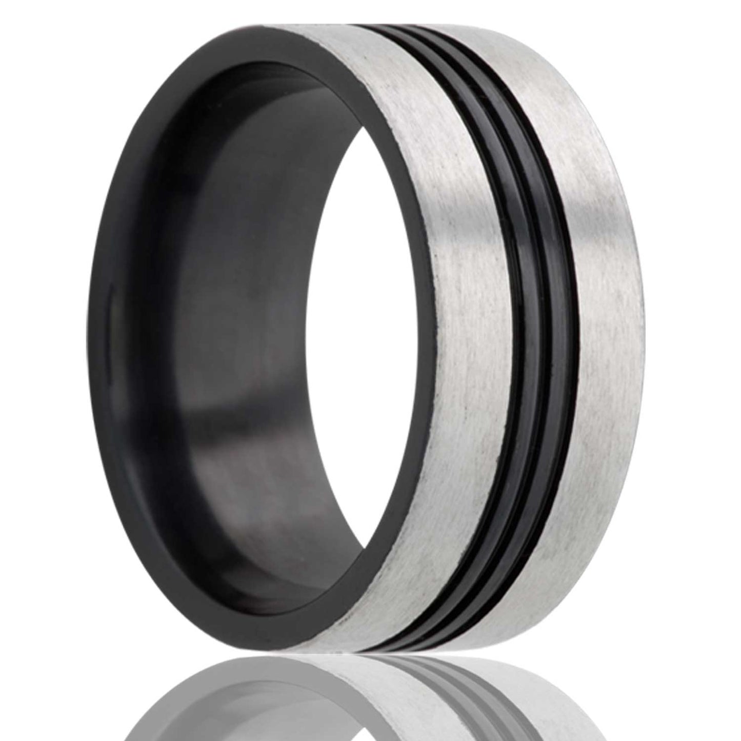 A satin finish grooved zirconium wedding band with dual center grooves displayed on a neutral white background.