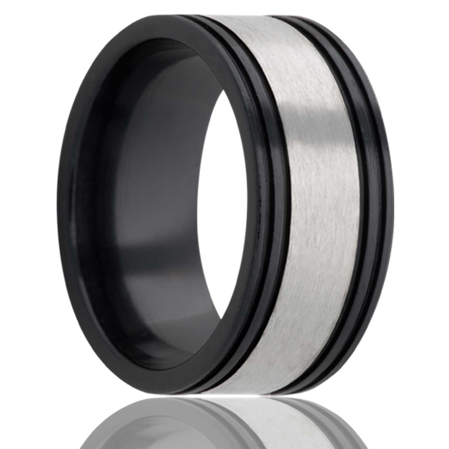A satin finish grooved zirconium wedding band with grooved edges displayed on a neutral white background.