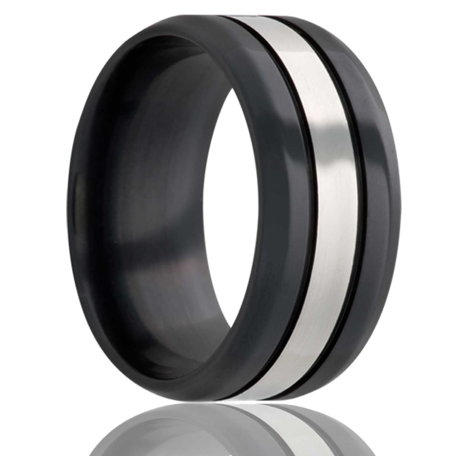 A grooved zirconium wedding band with beveled edges displayed on a neutral white background.