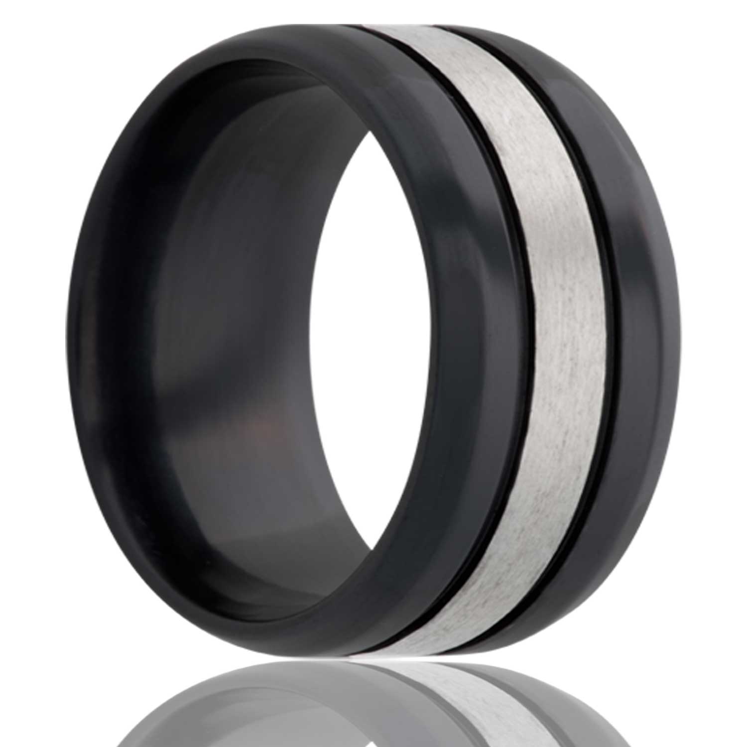 A satin finish grooved zirconium wedding band with beveled edges displayed on a neutral white background.