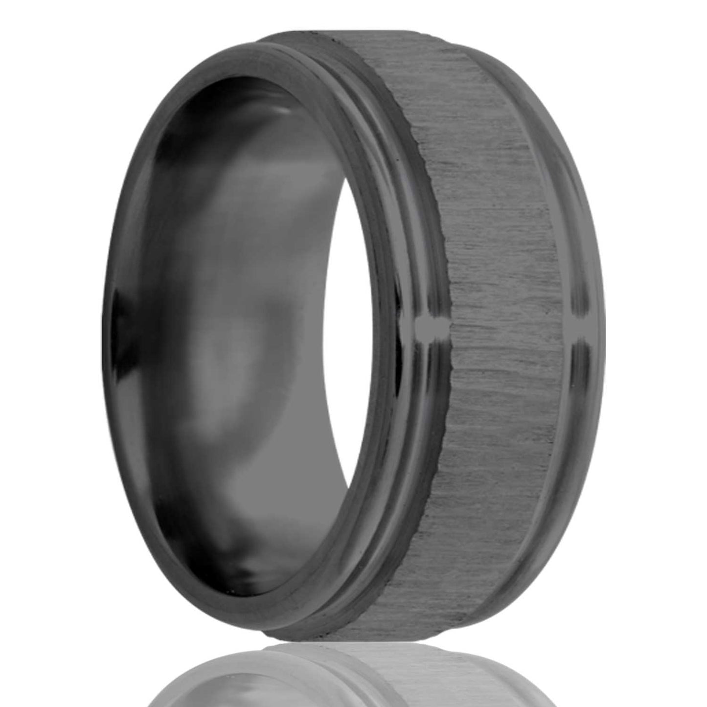 A treebark grooved zirconium wedding band with stepped edges displayed on a neutral white background.