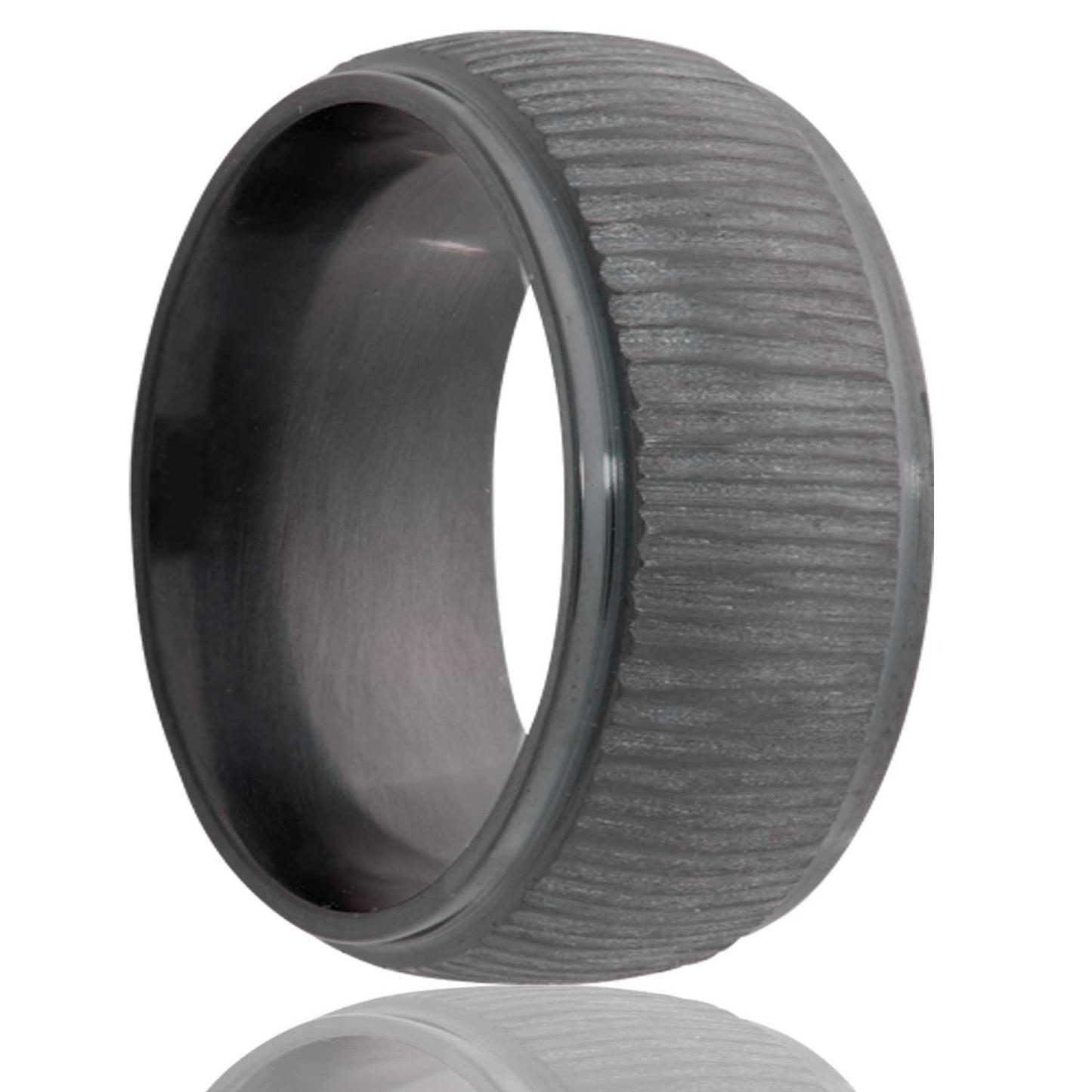 A treebark domed zirconium wedding band with stepped edges displayed on a neutral white background.