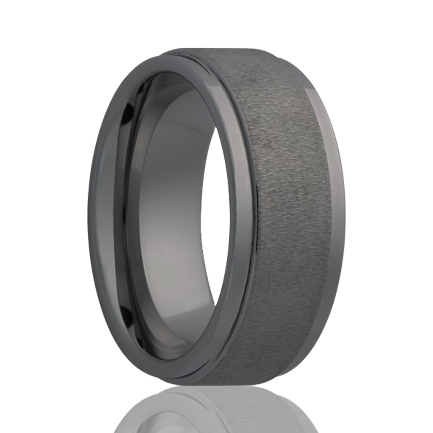 A textured finish black ceramic men's wedding band with stepped edges displayed on a neutral white background.
