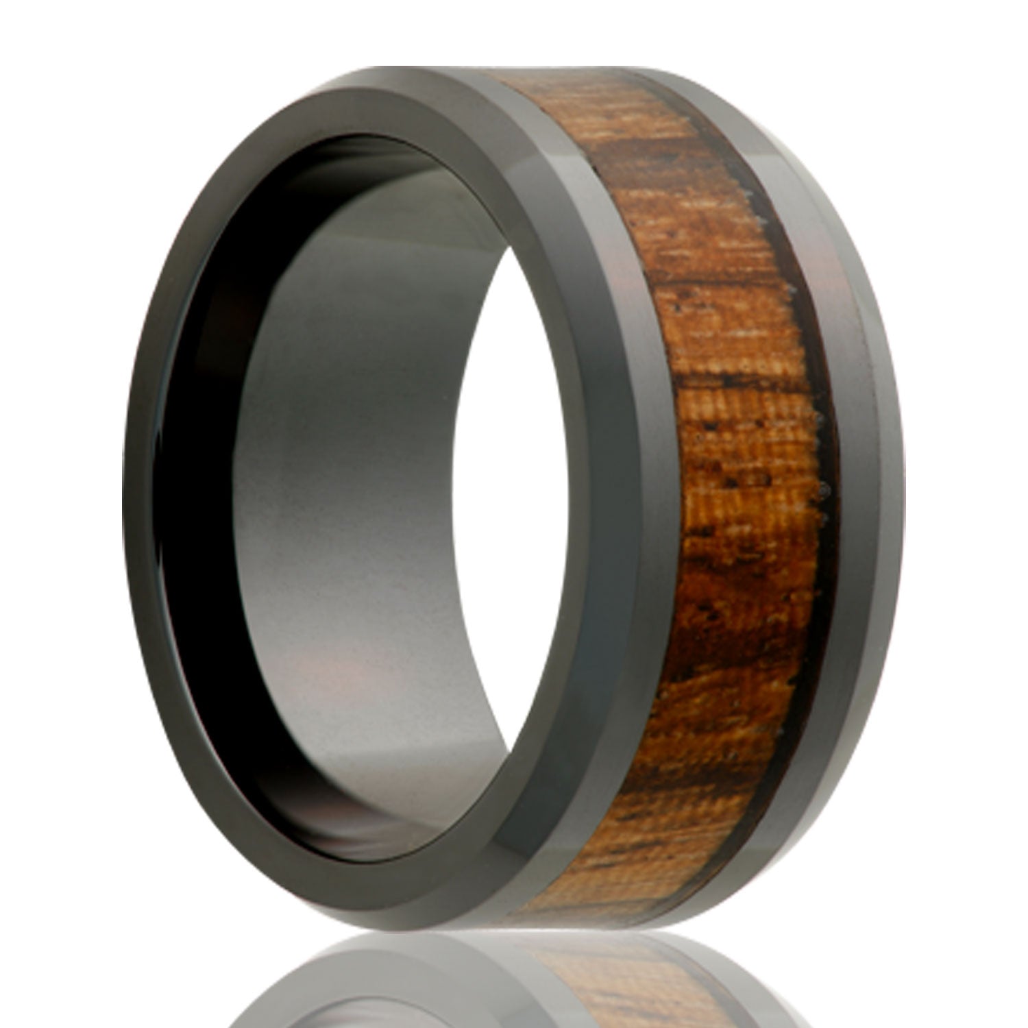 A zebra wood inlay ceramic wedding band with beveled edges displayed on a neutral white background.