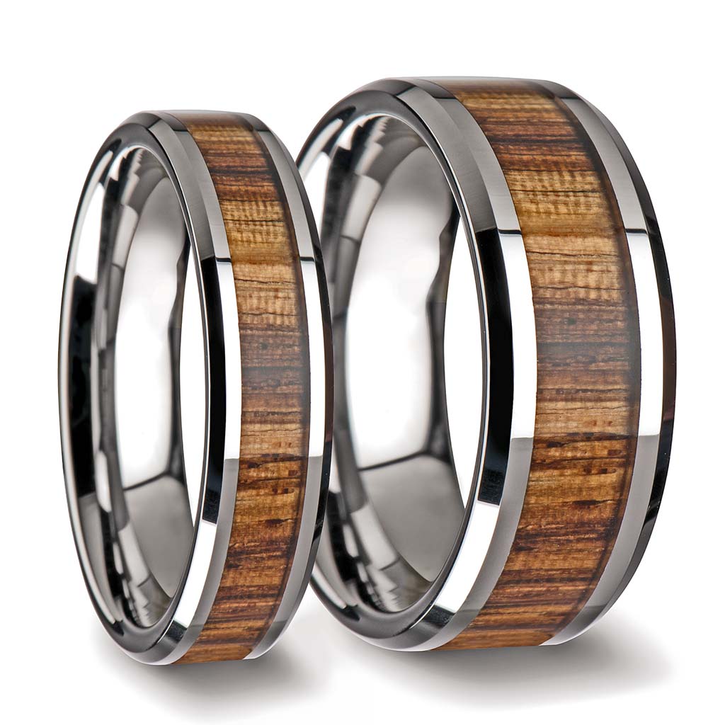 Zebra Wood Inlay Tungsten Carbide Couple's Matching Wedding Band Set