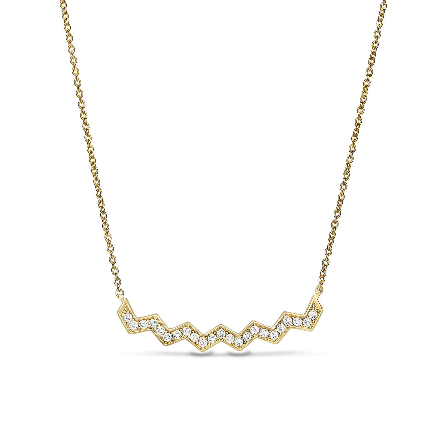 A zig zag necklace with simulated diamonds displayed on a neutral white background.