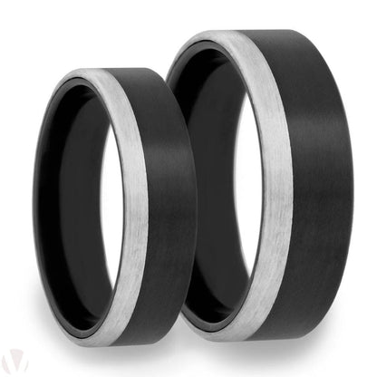 Zirconium Couple's Matching Wedding Band Set with Asymmetrical 14k White Gold Inlay