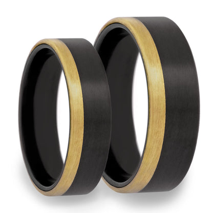 Zirconium Couple's Matching Wedding Band Set with Asymmetrical 14k Yellow Gold Inlay