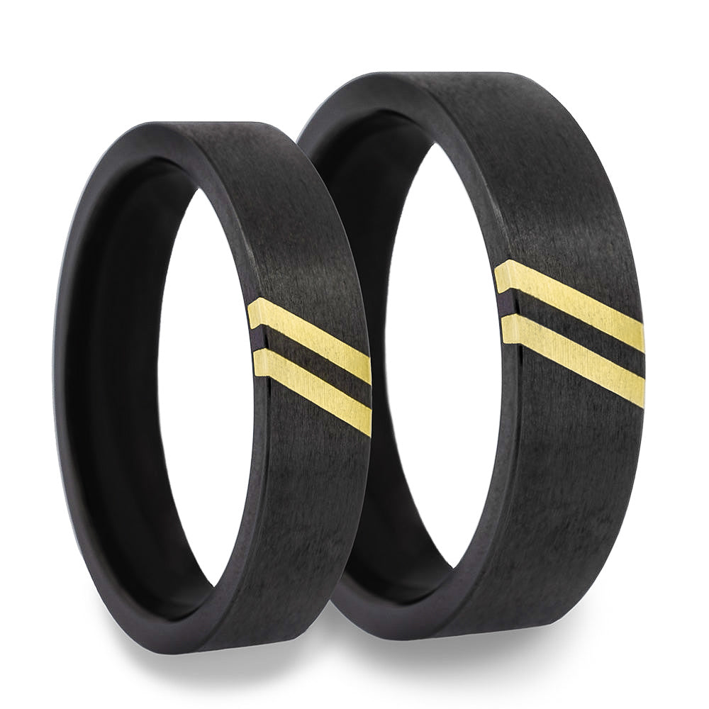 Zirconium Couple's Matching Wedding Band Set with Dual 14k Gold Diagonal Grooves
