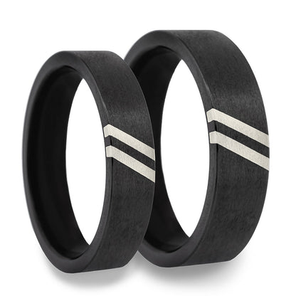 Zirconium Couple's Matching Wedding Band Set with Dual 14k White Gold Diagonal Grooves
