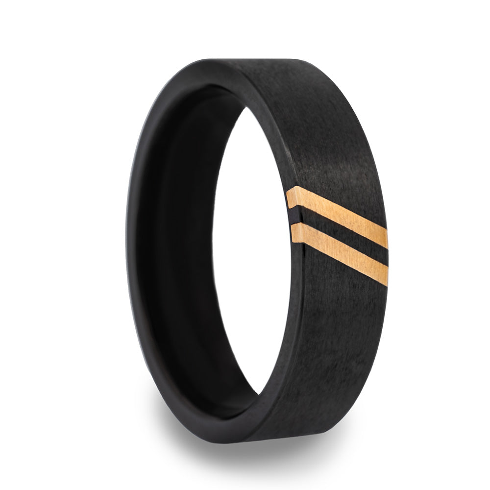 Zirconium Wedding Band with Dual 14k Gold Diagonal Grooves
