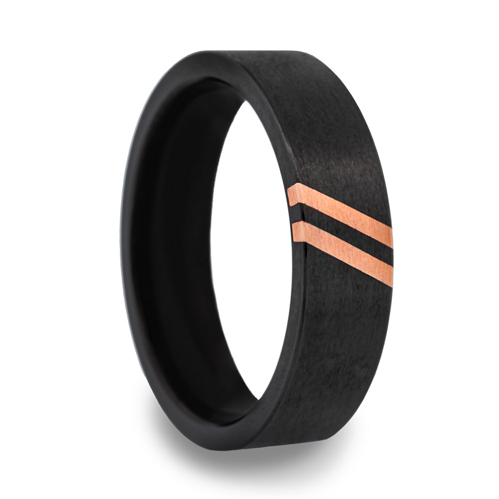 Zirconium Wedding Band with Dual 14k Rose Gold Diagonal Grooves
