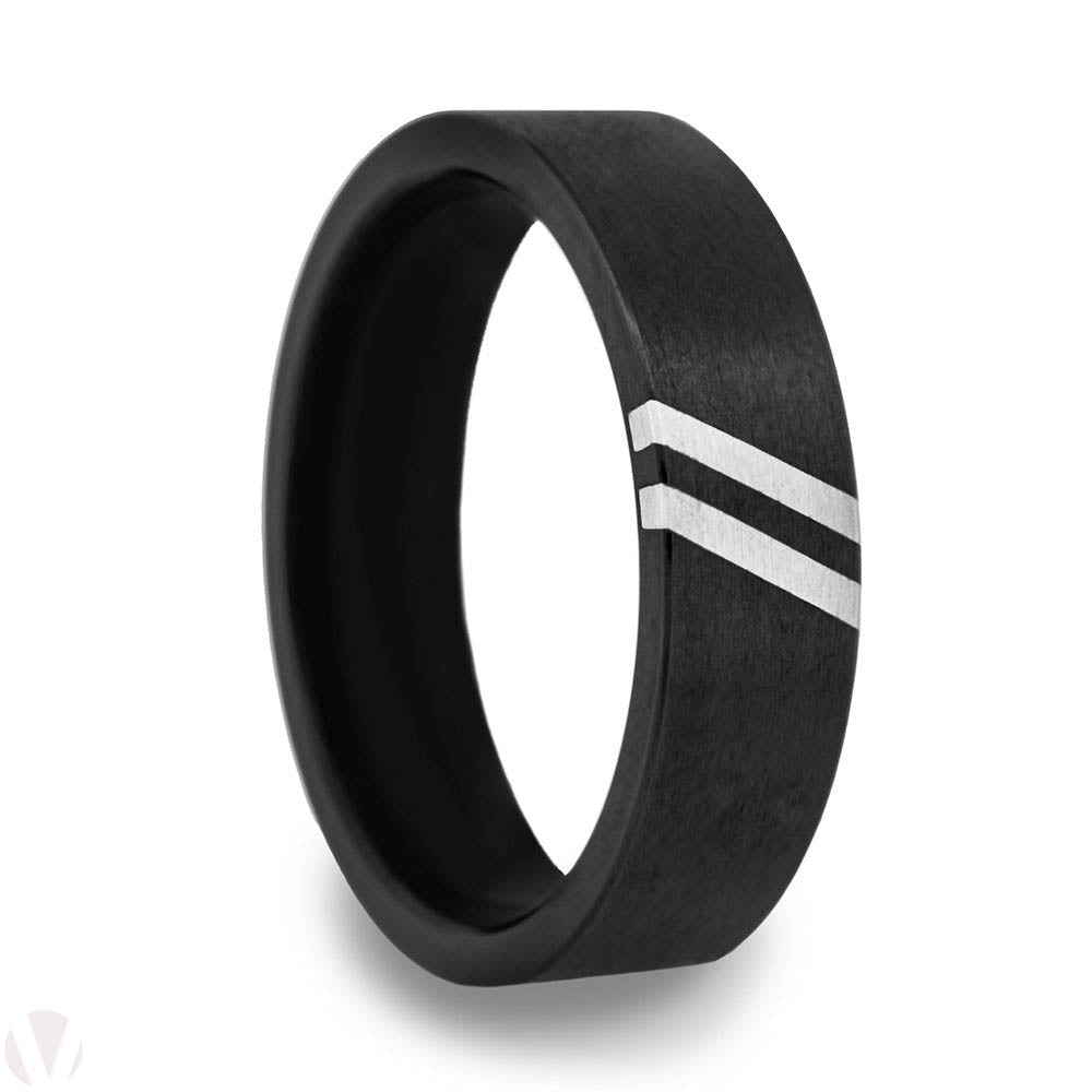 Zirconium Wedding Band with Dual 14k White Gold Diagonal Grooves